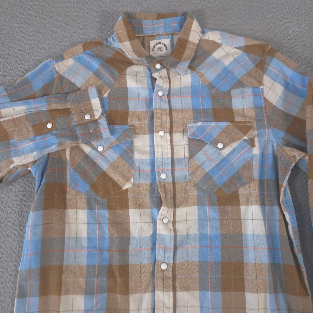 Dubinik Shirt Mens L Blue Brown Plaid Pearl Snap Western Flannel Cotton Blend